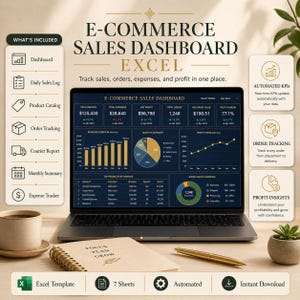 May include: An e-commerce sales dashboard Excel template displayed on a laptop screen. The interface shows data visualizations including bar charts, pie charts, and line graphs for revenue, expenses, and profit. Includes a list of features and icons.