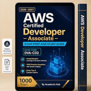 May include: A digital study guide for the 2026-2027 AWS Certified Developer Associate exam, code DVA-C02. The cover features blue graphics, 1000 pages, and text indicating comprehensive coverage, practice questions, and exam tips by Academic Hub.