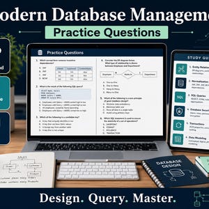 May include: A laptop, tablet, and notebook with the text "Modern Database Management" and "Practice Questions." The laptop displays practice questions, while the tablet shows a study guide. A notebook titled "Database Design" is also present.