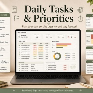 Feuille de calcul Excel pour le suivi des tâches, Google Sheets pour la planification des listes de tâches, tableau de bord de productivité quotidienne pour les équipes, les indépendants et les petites entreprises. image 2