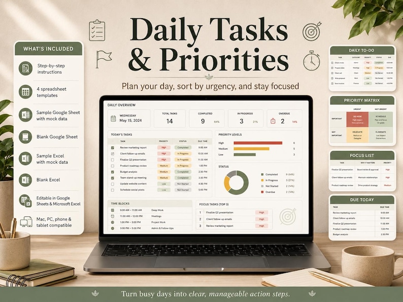 Feuille de calcul Excel pour le suivi des tâches, Google Sheets pour la planification des listes de tâches, tableau de bord de productivité quotidienne pour les équipes, les indépendants et les petites entreprises. image 2