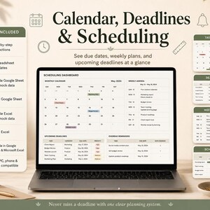 Peut inclure: Un tableau de bord de planification num&eacute;rique affich&eacute; sur un &eacute;cran d'ordinateur portable, comprenant un calendrier mensuel, un agenda hebdomadaire, des &eacute;ch&eacute;ances &agrave; venir et des rappels de retard, avec des &eacute;tiquettes pour la gestion des t&acirc;ches.