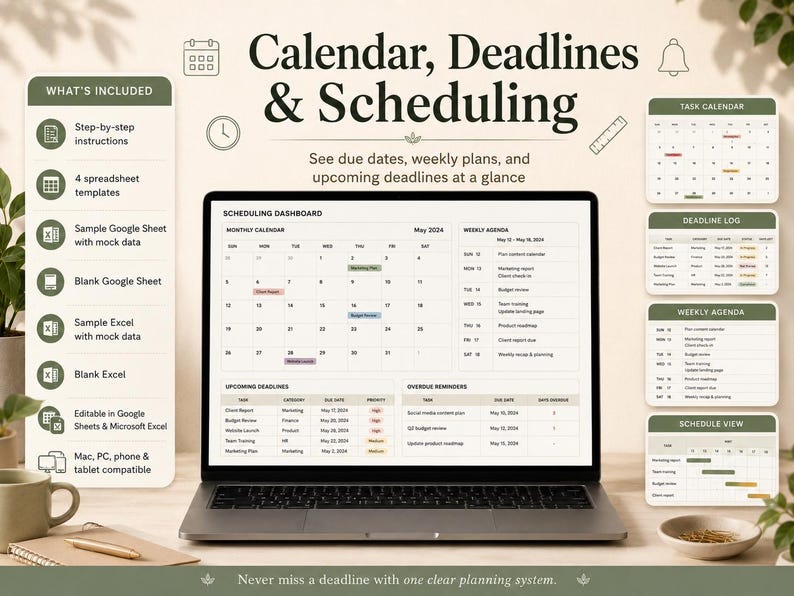 Peut inclure: Un tableau de bord de planification num&eacute;rique affich&eacute; sur un &eacute;cran d'ordinateur portable, comprenant un calendrier mensuel, un agenda hebdomadaire, des &eacute;ch&eacute;ances &agrave; venir et des rappels de retard, avec des &eacute;tiquettes pour la gestion des t&acirc;ches.