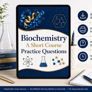 May include: A digital tablet displays the title "Biochemistry: A Short Course Practice Questions" with molecular graphics. The image includes a pen, a notebook, and a stack of biochemistry textbooks. A plant and a beaker are also visible.