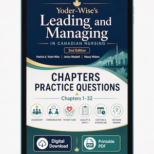May include: A digital tablet displays the cover of a nursing textbook, "Yoder-Wise's Leading and Managing in Canadian Nursing." The cover is dark blue with white text and a Canadian maple leaf. The book includes chapters, practice questions, and digital download options.