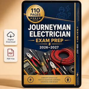 May include: A digital tablet displaying a Journeyman Electrician Exam Prep 2026-2027 study guide cover. The design features a 110 pages badge, electrical tools, a red wire coil, and text including Complete Study Guide, Practice Questions & Answers.