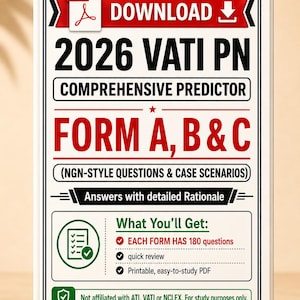 Puede incluir: Una guía de estudio rectangular blanca titulada 2026 VATI PN COMPREHENSIVE PREDICTOR FORM A, B & C. Presenta texto en rojo y negro, un icono de descarga PDF y una sección que detalla 180 preguntas estilo NGN, casos prácticos y justificaciones.