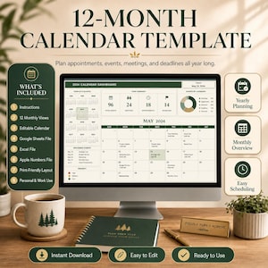 May include: A 12-month calendar template displayed on a computer monitor, featuring a 2024 dashboard with monthly views, event tracking, and priority lists. The digital interface includes sections for yearly summaries, appointments, and deadlines.