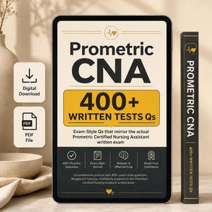 Puede incluir: Una tableta digital que muestra una guía de estudio Prometric CNA con el texto 400+ WRITTEN TESTS Qs, acompañada de un libro a juego con lomo negro. La pantalla presenta iconos de descarga digital y archivos PDF, además de detalles.