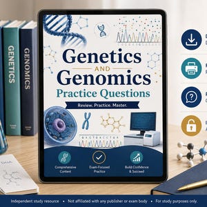 以下が含まれることがあります： タブレットには「Genetics and Genomics Practice Questions」と科学的なイラストが表示されています。本、青い液体が入ったフラスコ、ペン付きのノートが木製の表面にあります。デジタルダウンロード、印刷可能なPDF、練習問題、インスタントアクセスのアイコン。