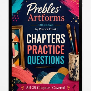 May include: A digital tablet displaying a book cover titled Prebles' Artforms 12th Edition by Patrick Frank. The cover features the text CHAPTERS PRACTICE QUESTIONS and All 25 Chapters Covered, alongside a framed abstract painting and paintbrushes.