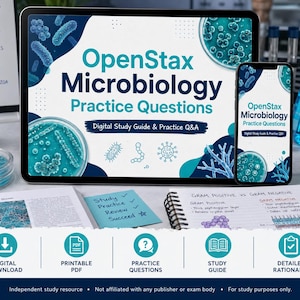 Może przedstawiać: Tablet i smartfon wyświetlają "OpenStax Microbiology Practice Questions" z cyfrowym przewodnikiem do nauki. Obraz zawiera sprzęt laboratoryjny, notatnik i ikony do pobrania cyfrowego, PDF, pytań praktycznych, przewodnika po nauce i szczegółowych uzasadnień.