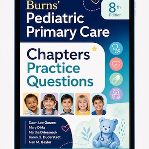 Puede incluir: Una tableta digital muestra la portada de "Burns' Pediatric Primary Care, 8th Edition". La portada presenta el título, los nombres de los autores e imágenes de niños. Un oso de peluche azul con un estetoscopio está a la derecha. La tableta es azul.