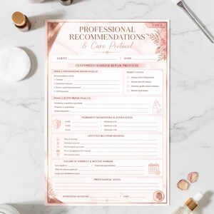 May include: A printed document titled Professional Recommendations & Care Protocol with sections for customised barrier repair, phase goals, ingredient sensitivities, lifestyle recommendations, and follow-up schedules, featuring rose gold accents.