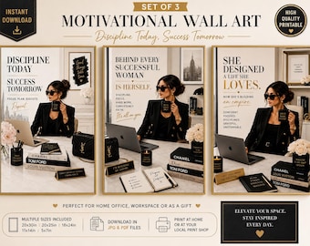 Motivational Wall Art Set for Ambitious Women - Success Quotes, Feminine Office Decor, Elegant Neutral Tones