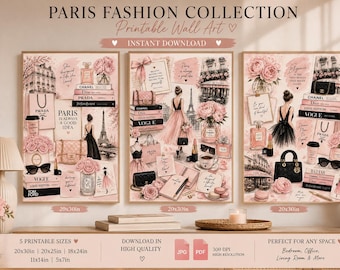 Blush Pink Parisian Fashion Wall Art Set - Elegant Feminine Collage Prints for Chic Home Decor