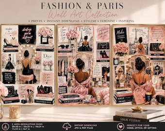 Luxury Paris Fashion Wall Art Set - Elegant Vanity Illustrations, Feminine Blush Florals, Glam Room Decor
