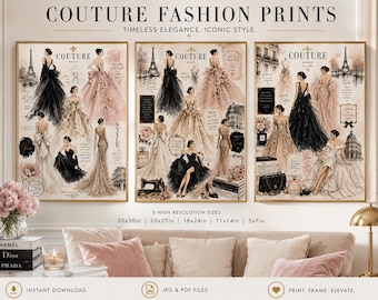 Set of 3 Parisian Couture Fashion Illustration Prints for Elegant Wall Décor, Luxury Style, Digital Download