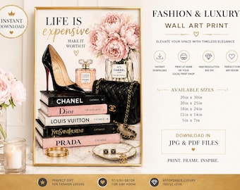 Chic Fashion Illustration Wall Art Print - Blush Peonies, Perfume Bottles, Heels, Parisian Glam Decor