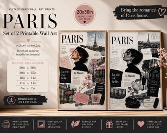 Vintage Paris collage wall art set, black & white and color prints, chic European decor for stylish interiors