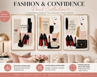 Luxury fashion illustration set, lipstick heels artwork, glam wall décor, digital download, instant printable art
