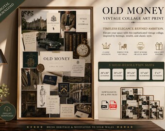Vintage preppy collage print, old money aesthetic, neutral tones, quiet luxury, classic fashion, heritage style wall art digital download