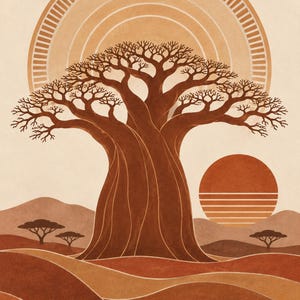 Op de afbeelding: Een digitale illustratie met een grote, centrale baobabboom met een dikke, getextureerde stam en uitgestrekte takken. Achter de boom staat een grote, halfronde zon met concentrische ringen, geplaatst tegen een landschap van glooiende duinen.