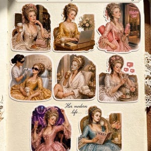 May include: A collection of eight die-cut stickers featuring women in 18th-century attire engaged in modern activities like using laptops, drinking coffee, and visiting a pilates club. The text reads Modern Rococo Lady Stickers - PDF - PNG, Her modern life, and Rococo Chic.
