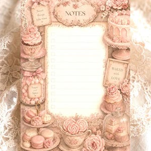 Könnte beinhalten: Ein rosa-cremefarbener Notizblock mit Blumen- und Dessertmotiven. Der Notizblock zeigt Illustrationen von Cupcakes, Kuchen, Macarons und einer Teetasse mit Süßigkeiten. Der Text enthält "Notes", "Sweet things take time", "Sugar and Spice" und "Baked with Love".