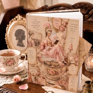 May include: A hardcover book with a cream-colored cover featuring a vintage-style illustration of a person in a pink gown sitting inside a large teacup. The cover includes floral motifs, text quotes, and a small cake graphic in shades of pink and beige.