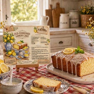 May include: A rectangular recipe card titled Old-Fashioned Lemon Cake with ingredients and instructions, displayed on a wooden stand next to a glazed lemon loaf cake on a white platter, a slice on a plate, and fresh lemons in a blue bowl.