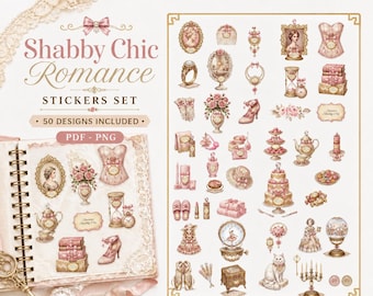 Shabby Chic Pink Beauty Stickers Set 50 Designs PDF - PNG Included - Digital Download