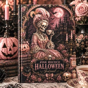 May include: A hardcover journal titled Pink Rococo Halloween Journal featuring a skeleton in a pink gown holding a teacup, surrounded by roses, pumpkins, a gothic castle, and bats under a full moon, with a black cat and skull accents on the cover.
