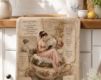 Paño de cocina vintage con ilustración de taza de té de Jane Austen / Orgullo y prejuicio