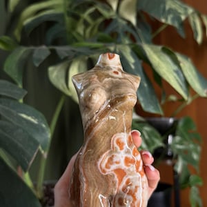 May include: A carved stone torso sculpture with a polished finish. The sculpture features a swirling pattern of brown, orange, and white hues. The figure is held in a person's hand, with a background of green plants.