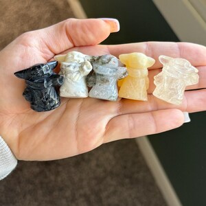 Op de afbeelding: Vijf kleine, gebeeldhouwde beeldjes van een personage met grote oren en een gewaad, in verschillende kleuren, waaronder zwart, wit, grijs, geel en helder. De beeldjes worden in een hand gehouden en tonen de verschillende soorten en kleuren stenen.