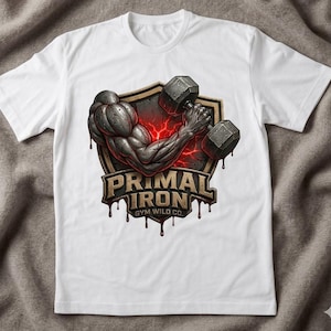 Könnte beinhalten: Weißes T-Shirt mit einer Grafik eines muskulösen Arms, der eine Hantel hält. Das Design enthält die Worte "PRIMAL IRON" und "GYM WILD CO" in einem schildförmigen Emblem mit roten und braunen Akzenten.