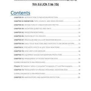 Könnte beinhalten: Ein Lehrbuchcover mit dem Titel "T-E-S-T B-A-N-K" und dem Untertitel "Radiation Protection in Medical Radiography". Das Inhaltsverzeichnis listet Kapitel zu Strahlenschutz, Zellbiologie und Dosisgrenzwerten auf.