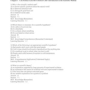 以下が含まれることがあります： ベルク著「生物学：生理学と生命科学」というタイトルの教科書ページ。このページには、科学的方法に関する質問があり、多肢選択式の質問と回答が含まれています。Copyright 2016 Pearson Education, Inc.