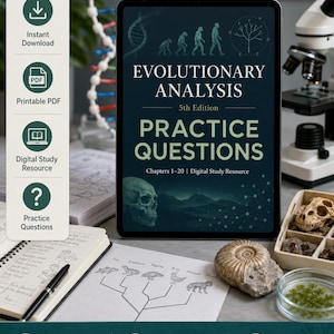 Puede incluir: Un recurso de estudio digital con "EVOLUTIONARY ANALYSIS" y "PRACTICE QUESTIONS" en una tableta. La imagen incluye un cráneo, fósiles y un diagrama de la evolución animal. Iconos para descarga instantánea, PDF imprimible.