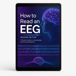 以下が含まれることがあります： How to Read an EEG Second Edition, A Practical Guide to Understanding Electroencephalogramsという書籍の表紙を表示したデジタルタブレット。表紙は青と紫のグラデーションで、脳のイラストと脳波のパターンが描かれています。