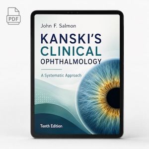 Può includere: Un tablet digitale che mostra la copertina del libro Kanski's Clinical Ophthalmology: A Systematic Approach, Tenth Edition, di John F. Salmon. La copertina presenta un grafico dettagliato di un'iride umana blu e dorata su sfondo bianco.