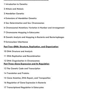 Op de afbeelding: Een witte pagina met een zwarte inhoudsopgave. De tekst bevat onderwerpen als genetica, DNA-structuur en genexpressie. Sectietitels zijn vetgedrukt, met genummerde subonderwerpen.