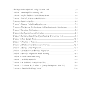 May include: A white page with the title "CONTENTS" at the top. The page lists chapters and topics, including "Basic Probability," "Simple Linear Regression," and "Time-Series Forecasting." Each entry has a page number.