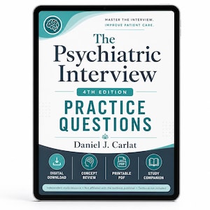 Op de afbeelding: Een digitale tablet toont de cover van "The Psychiatric Interview, 4th Edition: Practice Questions" door Daniel J. Carlat. De cover heeft turquoise en witte tekst met pictogrammen voor digitale download, conceptbeoordeling, afdrukbare PDF en studiebegeleider.