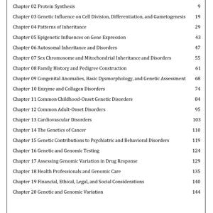 May include: A white page with a red header reading "Table of Contents". The page lists chapters on genetics, including DNA structure, protein synthesis, and various disorders, with page numbers.
