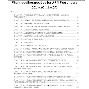 May include: A textbook titled "T-E-S-T B-A-N-K Pharmacotherapeutics for APN Prescribers 6Ed". The cover features the title in bold, black letters. The contents list chapters on pharmacology, drug selection, and various body systems.