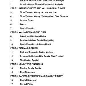 Könnte beinhalten: Eine weiße Seite mit schwarzem Text, der einen Lehrplan für Finanzmanagement detailliert. Der Text ist in sieben Teile gegliedert, die Themen wie Zinssätze, Bewertung, Risiko und langfristige Finanzierung abdecken. Jeder Teil hat nummerierte Unterthemen.