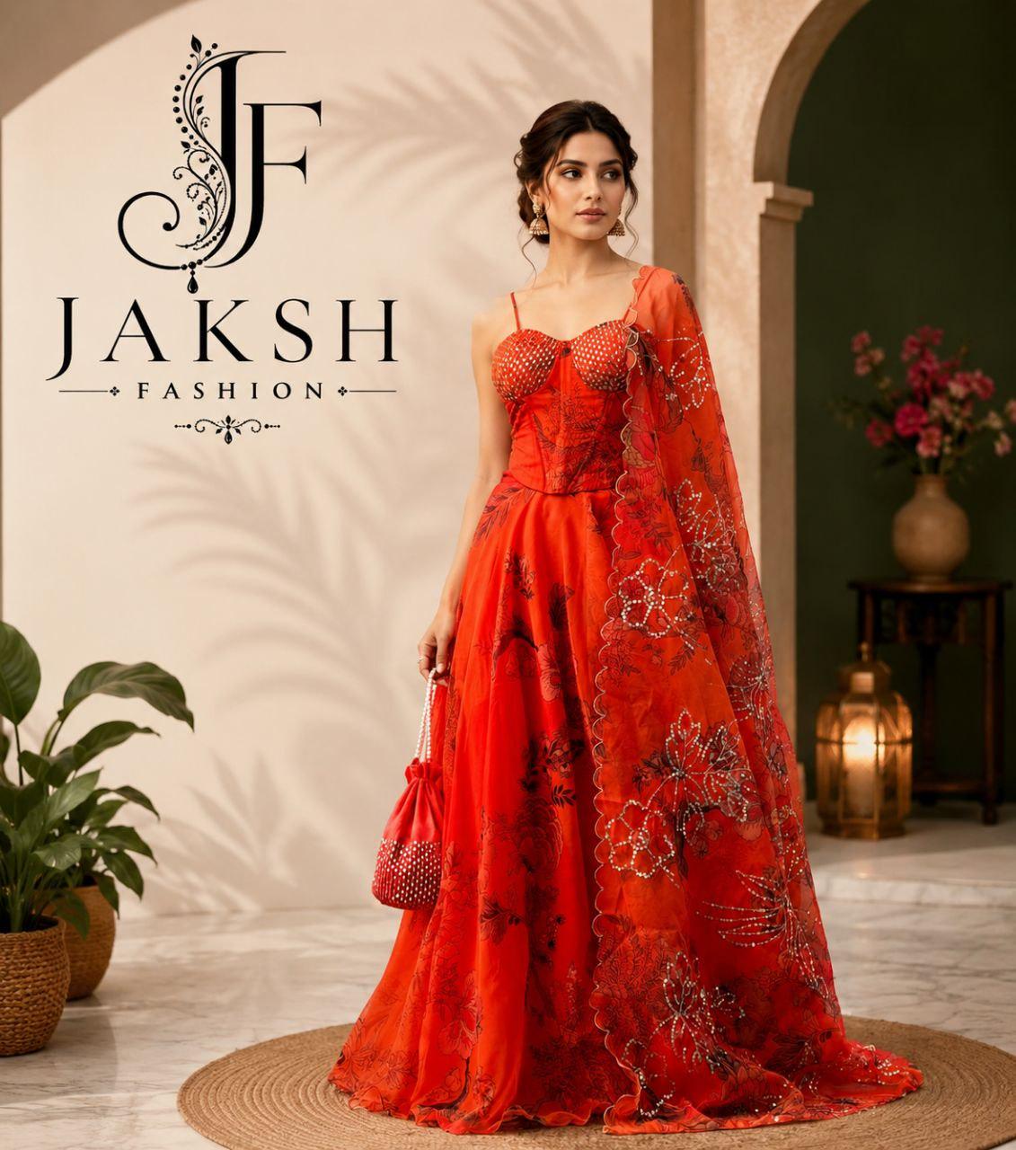 Orange Designer Floral Print Lehenga Corset Lengha Choli Bollywood Inspired Outfits Bridesmaid Dresses