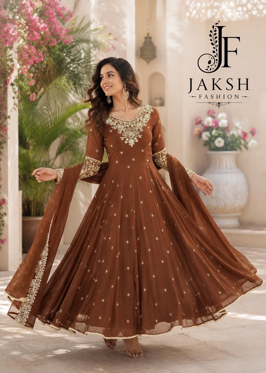 dark brown pakistani dresses Brown Art Silk Long Anarkali Bridesmaid Dresses in India for Marriage main image 0